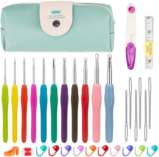 Luxebell Virkade krokar set färgglada ergonomiska mjuka gummi komfort grepp virkning stickning nålar kit hushållsverktyg med bärbar väska