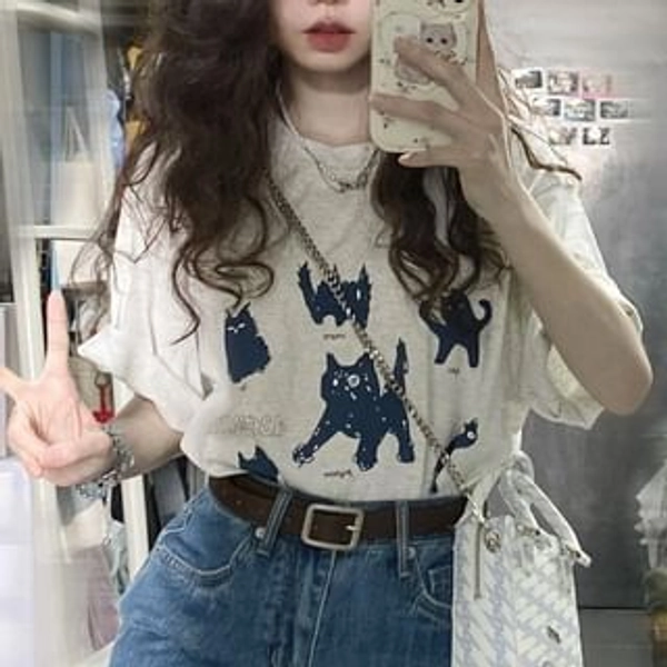 Short-Sleeve Round Neck Cat Print T-Shirt