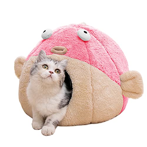 Cat Beds for Indoor Cats - Cat Bed Cave with Removable Washable Cushioned Pillow, Soft Plush Premium Cotton No Deformation Pet Bed, Lively Pufferfish Cat House Design, Pink, Multiple Sizes(L) - Large - Pink