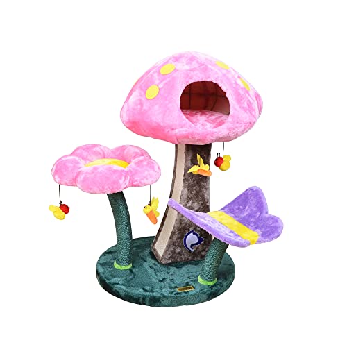 Catry Cat Tree – Nature Looking of Cat beds and Furniture All-in-1, Allure Cats Love to Lounge in and Lazily Recline While Playing with Cute Bees Toys and Scratching Post, Mushroom - Mushroom 32"