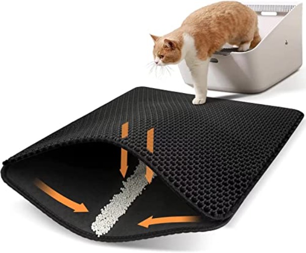 Conlun Cat Litter Mat Cat Litter Trapping Mat, Honeycomb Double Layer Design, Urine and Water Proof Material, Scatter Control, Less Waste，Easier to Clean,Washable - 23" X 17" - Black