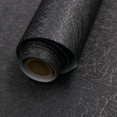 Abyssaly 23.6 inch X 118 inch Black Silk Wallpaper Embossed Self Adhesive Peel and Stick Wallpaper Removable Kitchen Wallpaper Vinyl Black Wallpaper Cabinet Furniture Countertop Shelf Paper - 23.6in X 118in - Black