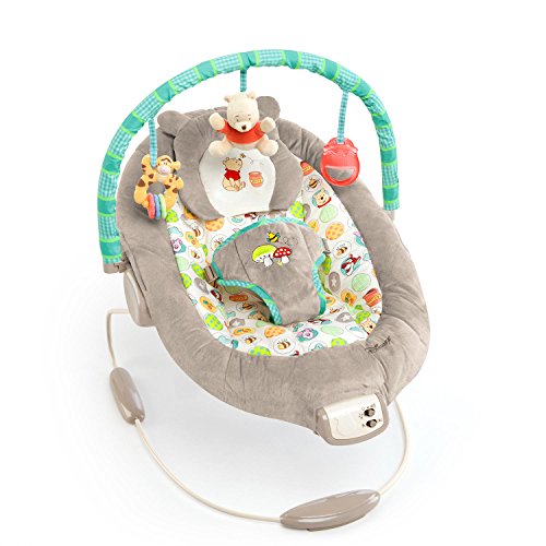 Disney Baby Winnie the Pooh Baby Bouncer Soothing Vibrations Deluxe Infant Seat - Faux Suede, Music, Removable-Toy Bar, 0-6 Months 6-20 lbs (Dots & Hunny Pots) - Winnie the Pooh