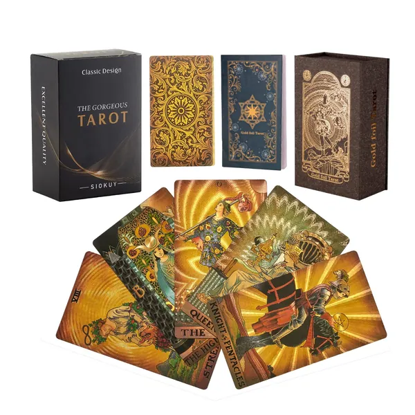 SIOKUY Tarot Cards Deck, Luxury Tarot Card Deck, Splendid Classic Tarot Deck, Durable Waterproof Gold Foil Tarot Decks for Beginners (Rimless Gold) - Rimless Gold