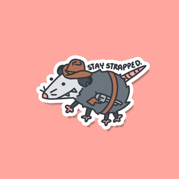 Opossum Cowboy Stay Strapped Possum Vinyl Sticker