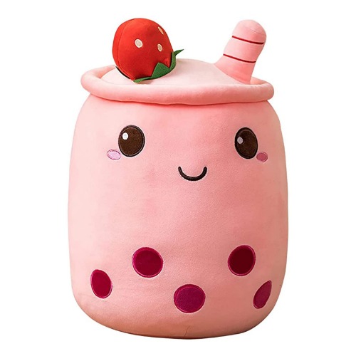Bubble Tea Plush Pillow Boba Plushie,Cute Plushies Cuddly Toy Boba Milk Tea Soft Plush Doll,Hugging Pillow Children's Toy for Birthday Gift Toys (Pink Strawberry Round Eyes, 35cm)