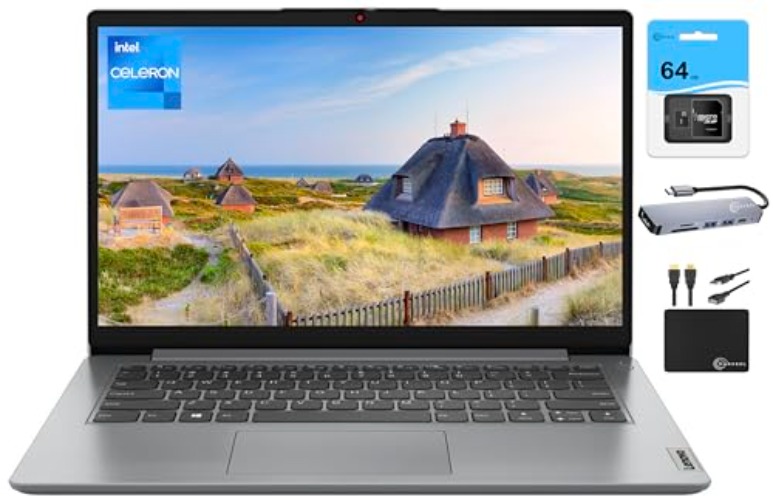 Lenovo 2022 Newest 14" HD Laptop Computer for Business Student, Dual-Core Intel Celeron N4020 (Upto 2.8GHZ), 4GB RAM, 64GB eMMC, WiFi, Bluetooth, Webcam, 10+ Hours Battery, Win 11S+MarxsolCables - 128GB eMMC + 64GB SD Card