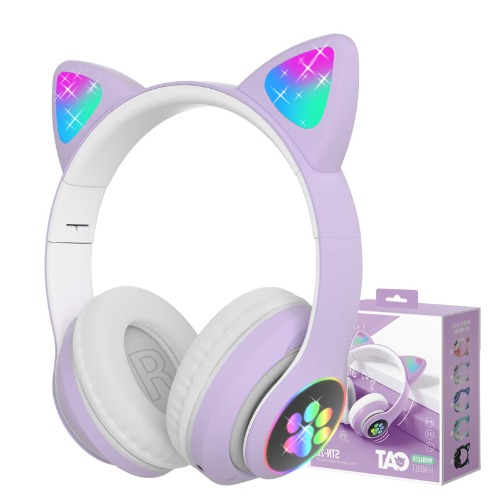 Wireless Headphones,BREIS Cat Ear LED Light Up Foldable Bluetooth Headphone for Kids,Over-Ear Adjustable Stereo Girls and Boys Headsets with Microphone,Gifts for cat Lovers - Purple
