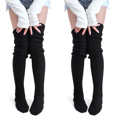 Women's Thigh High Socks Over the Knee Cable Knit Boot Socks, Long Warm Fashion Leg Warmers Winter - 2pcs-black&black
