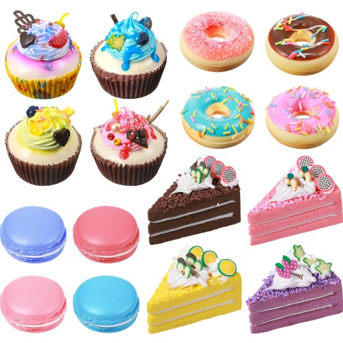 16 Pcs Fake Food Realistic Artificial Toy Donuts Cupcake Fake Slice Cake Artificial Simulation Macaron, Artificial Food for Display PU Foam Fake Realistic Food Props for Home Shop Party Decorations - 