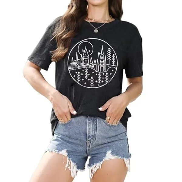 Olanpei Magical Castle Shirt for Women Funny Graphic Tshirt Family Vacation Tee Short Sleeve Tops
