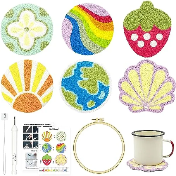 HAND U JOURNEY Craft Punch Needle Coasters Kit - 6 Patterns with Adhesive Felt, Yarns, Embroidery Hoop - Perfect for Adults, Kids, Beginners, and Starter with Instructions