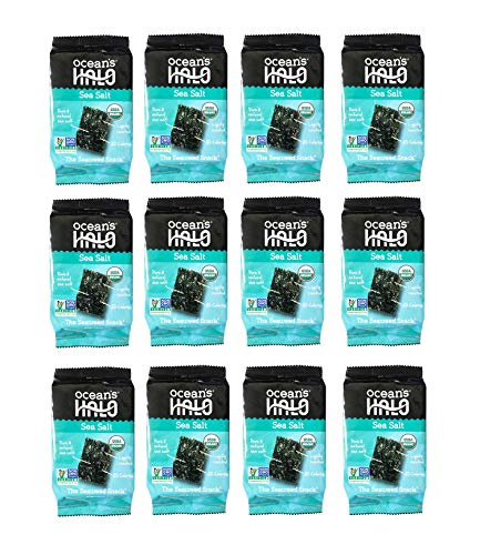 USDA Organic Ocean's Halo Seaweed Snack (Sea Salt, 12 Pack) - Sea Salt - 0.14 Ounce (Pack of 12)