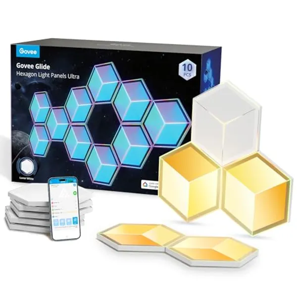 Govee Glide Hexagon Light Panels Ultra, 3D Wall Lights with DIY, RGBIC LED Gaming Lights for Wall, LED Lights for Gaming Setup with 129 Lamp Beads, Works with Alexa, 10 Pack, Lunar White