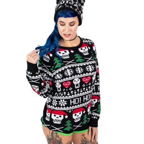 Skulls Ho Ho Ho Knit Christmas Sweater - L / Black