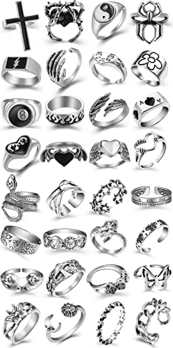 Vintage Silver Open Punk Rings for Men Women, 24PCS Adjustable Rings, Alt Rings, Chunky Silver Rings, Bulky Rings, Hippie Rings ,Cool Gothic Ring,Statement Stacking Ring, Skull Snake Star Flower Heart Eboy Emo Y2K Ring - Style-7