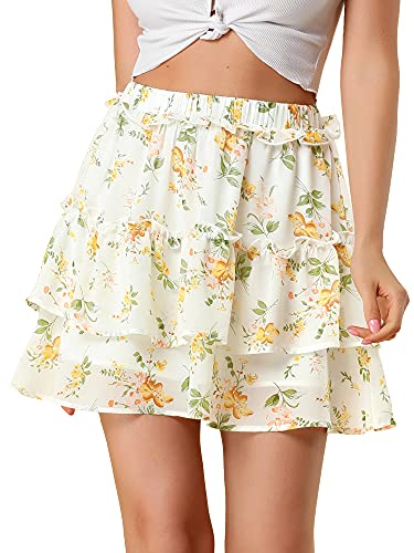 Allegra K Women's Layered Ruffle Hem Elastic Waist A-Line Skater Floral Mini Skirt - X-Large - White