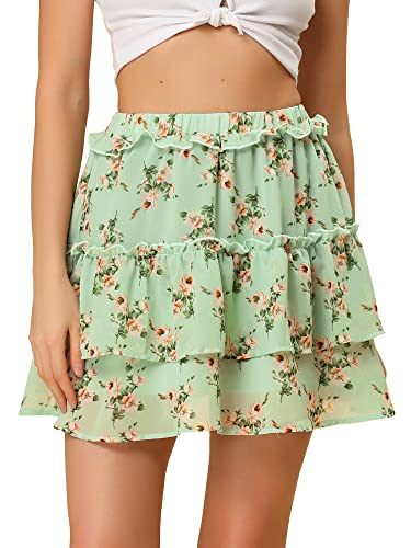 Allegra K Women's Layered Ruffle Hem Elastic Waist A-Line Skater Floral Mini Skirt - Purple