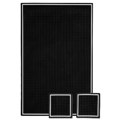 S&T INC. Rubber Bar Mat for Countertop, Non-Slip Bar Mat for Home Bar Cart, Coffee Maker Mat for Countertops, 11.9 Inch x 17.8 Inch, Black with White Border, 1 Bar Mat with 2 Coasters