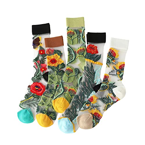 Ballballu Vintage Sheer Socks,Summer Transparent Flower Ankle Socks,Thin Mesh Lace Elastic Jacquard Glass Silk Socks - E