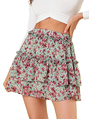 Allegra K Women's Layered Ruffle Hem Elastic Waist A-Line Skater Floral Mini Skirt - Light Green