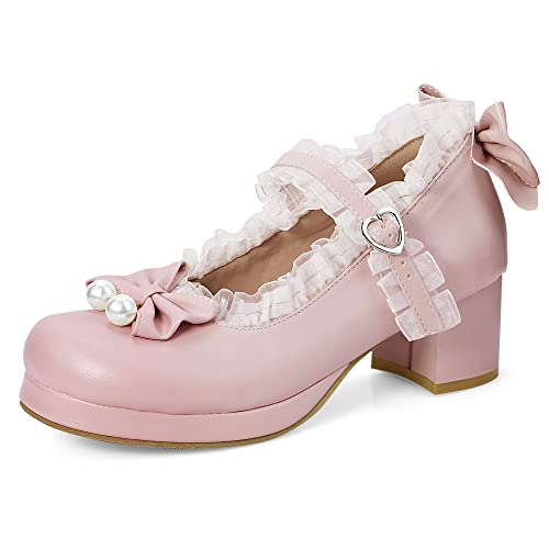 Elerhythm Women's Mary Jane Platform Chunky Block Heels Cute Cosplay Kawaii Bow Lace Dresses Cross-Tied Round Toe Ankle Strap Shoes - 8 - Pink B