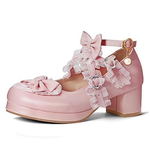 Elerhythm Women's Mary Jane Platform Chunky Block Heels Cute Cosplay Kawaii Bow Lace Dresses Cross-Tied Round Toe Ankle Strap Shoes - 8 - Pink a