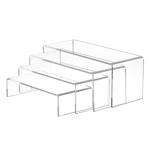 4Pcs Large Acrylic Risers, Clear Rectangular 4" Wide Tiered Display Stand, Tabletop Display Riser Shelf for Collectibles Jewelry Funko Pop Figures Toys Cupcake Dessert Decorations - 4 Pcs Acrylic Risers
