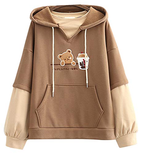 FANCYKIDS Dinosaur Bunny Rabbit Bear Cat Ears Hoodie For Teens Teenagers Oversize Top Sweatshirt Jumper Shirt - One Size - Brownn