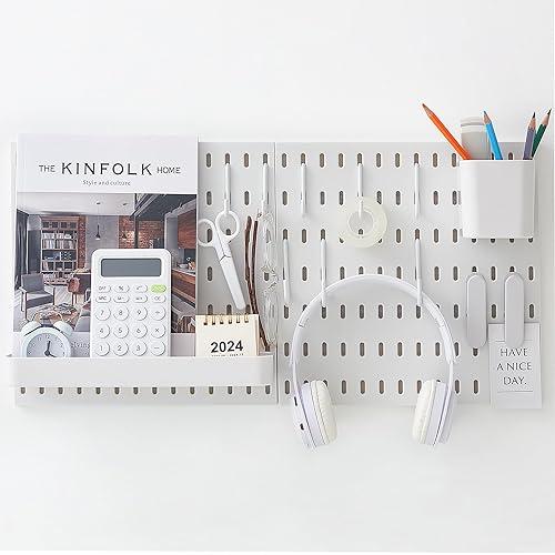 14 PCS Pegboard Combination Kit, 11" x 11" Wall Mount Modular 2 Pegboards with 12 Accessories Organizer for Bedroom Kitchen Office Crafts Tools White ZA09B201 - 28×28cm each Board - White [2 Boards - 12 Accessories]