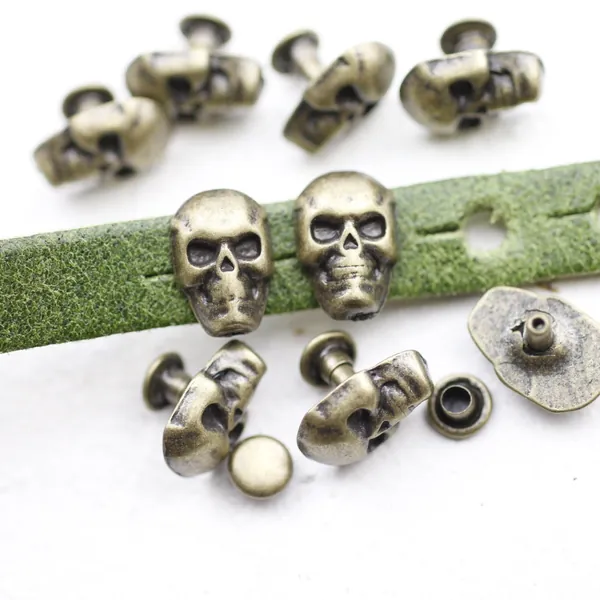 10 Antique Brass Skull Rivets, Leather Craft Accessories, Craft Supplies, Decoration for Bracelet, Leather Jacket, Belts, Bags, Hats ZM54ab