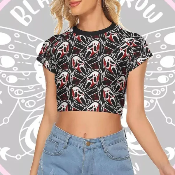 Allover print ghost face crop top, repeated pattern tshirt, horror tshirt scream cropped top