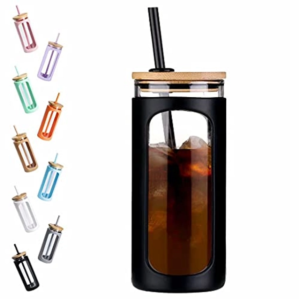 Kodrine 20oz Glass Water Tumble with Straw and Lid,Bamboo Lids Water Bottle, Iced Coffee Cup Reusable, Wide Mouth Smoothie Cups, Straw Silicone Protective Sleeve BPA FREE-Black