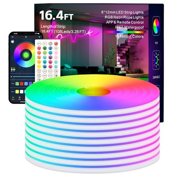 HRDJ Neon LED Strip Lights,16.4FT/5M RGB Neon Strip Lights,Outdoor IP67 Waterproof Flexible,Smart APP Control with 44Key Remote,47 Modes,Music Sync,DIY Design,24V for Bedroom Party Festival Deco