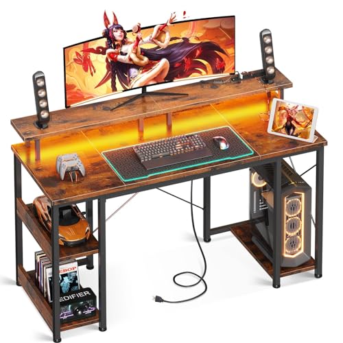 ODK 48 inch Gaming Desk with LED Lights & Power Outlets, Computer Desk with Monitor Stand & Storage Sheves, CPU Stand, Home Office Desk, Vintage - 48 Inches - Vintage