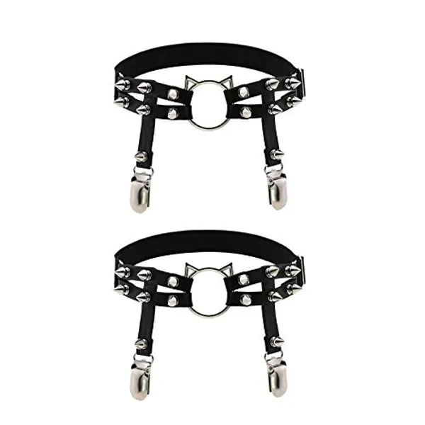 alisikee 2pcs Cat Leg Garter with Clips, Elastic Adjustable Thigh Garters Belt for Women, Black/White