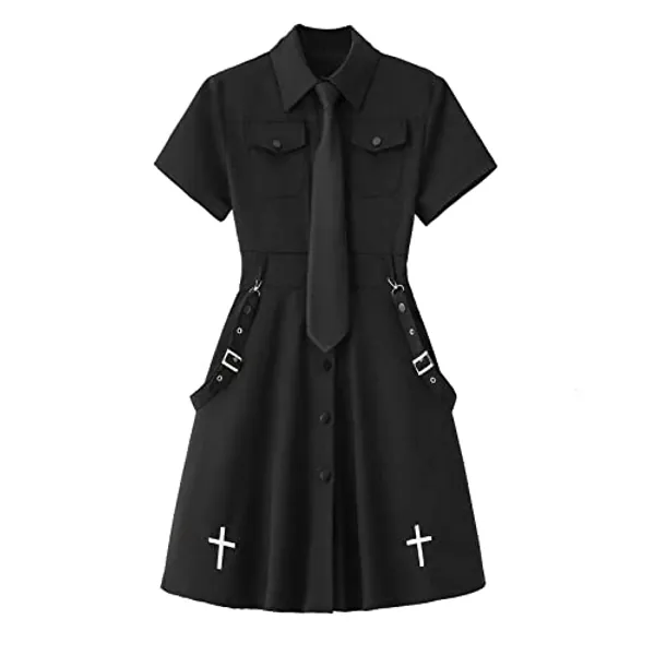 Gothic Black Dress Summer Academy Dress Tie Cross Black Dress Retro Dress Harajuku Dress Emo Clothes