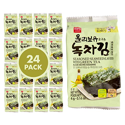 Wang Olive Oil Roasted Seaweed Snack with Green Tea, Gluten-free, Keto-friendly, Vegan, Healthy Snack 0.14 Ounce, Pack of 24 - Green Tea - 0.14 Ounce (Pack of 24)