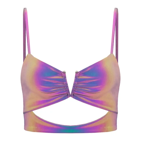 Haoohu Women's Reflective Crop Top Metallic Shiny Club Tank Top Vest Festival Rave Outfits - Small V- Reflective