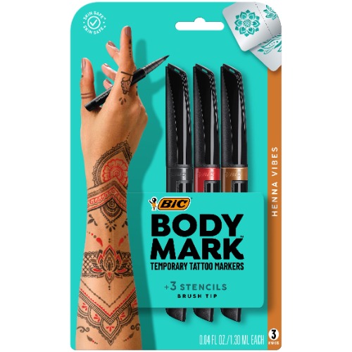 BIC BodyMark Temporary Tattoo Markers and Stencils, Henna Vibes Kit - Assorted Colours, Pack of 3+2 (MTBP31HN-AST) - Pack of 3 - Henna Vibes