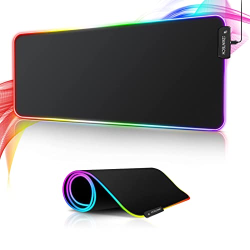 Alfombrilla de Ratón para Juegos RGB XL, Alfombrilla de ratón para Juegos de 800x300 mm Grande con 14 Modos de iluminación, 7 Colores LED, Antideslizante,para Jugadores de PC, Entrada USB Adicional - Black