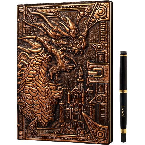 DND Notebook / Journal, Unique 200 Page Book with 3D Bronze Dragon Embossed Faux Leather Cover with Pen- Ideal for Dungeons & Dragons / D&D. Great RPG Accessories Gift for DM's & Players, Men or Women - Dragon Bronze