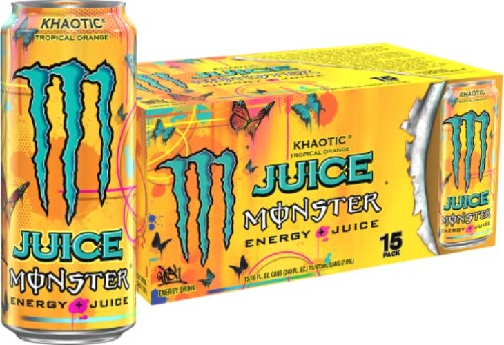 Monster Energy Juice Monster Khaotic Tropical Orange, Energy + Juice, Energy Drink, 16 Ounce (Pack of 15) - Khaotic