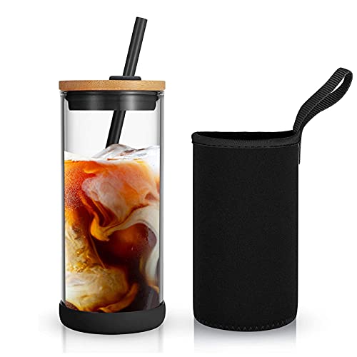 Tronco 20oz Glass Cups With Bamboo Lids and Straws,Iced Coffee Cup Reusable, Smoothie Cups,Glass Tumbler With Straw,Wide Mouth Tumbler with Nylon Protective Sleeve - BPA Free - Black - 20oz