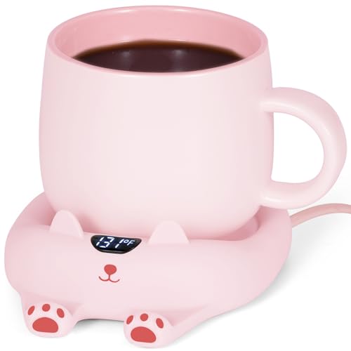 PUSEE Coffee Mug Warmer & Cute Cat Mug Set, Coffee Cup Warmer for Desk with Auto Shut Off, Beverage Warmer with 3 Temp Settings, Candle Warmer Coffee Warmer with Mug Set for Christmas & Birthday Gifts - Warmer+pink mug