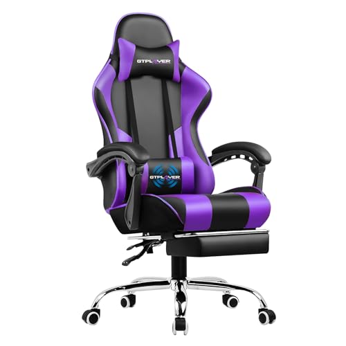 GTPLAYER Gaming Chair, Computer Chair with Footrest and Lumbar Support, Height Adjustable Game Chair with 360°-Swivel Seat and Headrest and for Office or Gaming (Purple) - Purple - Faux Leather