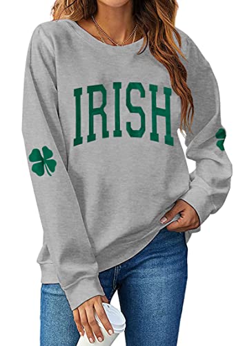 TAOHONG Women St. Patrick's Day Sweatshirts Shamrock Shirt Clover Printed Long Sleeve Irish Gift Casual Loose Fit Tops - Small - Grey