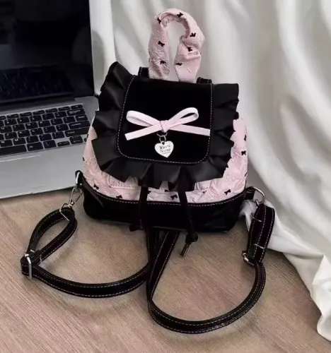 Lolita Black Pink Bow Ruffled Backpack Women Girls Compact Sweet Edgy Commuter Versatile Rucksack Ladies Elegant Mochilas Mujer