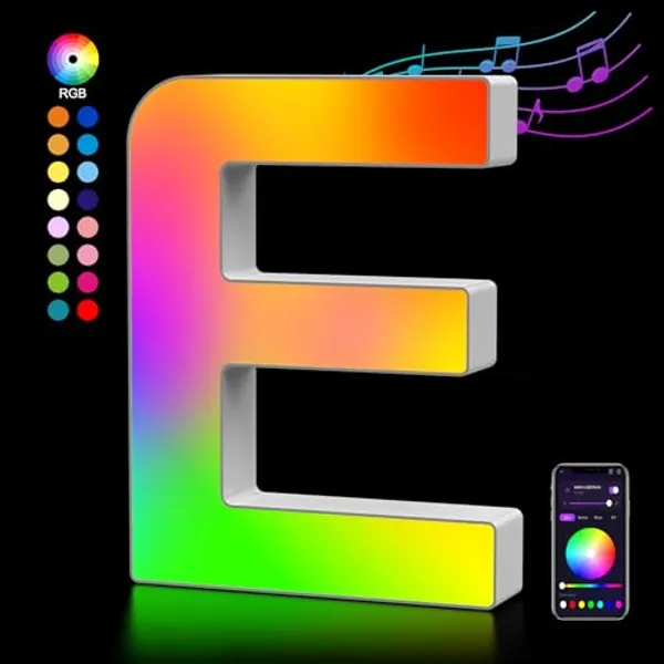 OJQ Light Up Letters LED Letter - Bedroom Lighted Letter Colorful Glitter Alphabet Music Sync Color Changing Letters for Boy Girl Gift Birthday Christmas Wedding Bar Wall Night Light (E)
