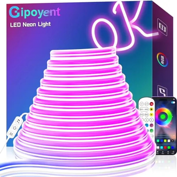 GIPOYENT LED Neon Rope Lights,16.4ft RGB LED Strip Lights, Music Sync LED Color Changing Waterproof Rope Light with App/Remote Control,Neon Light for Game Room, Living Room, Bedroom Wall Decor